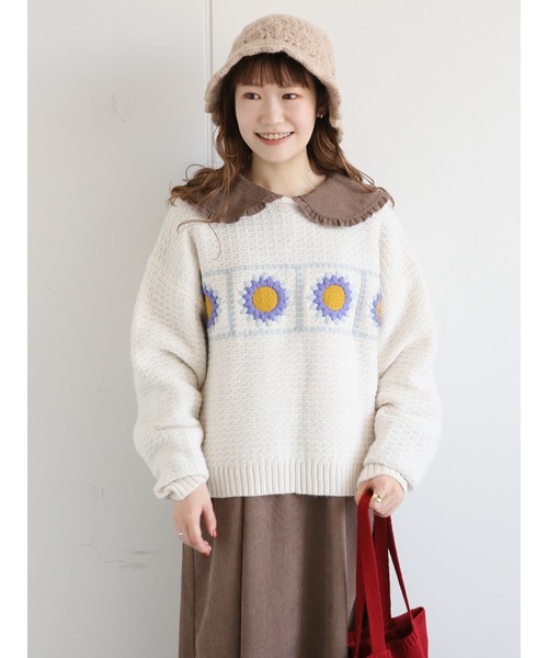 ehka sopo（エヘカソポ）の「かぎ針モチーフプルオーバー（ニット/セーター・レディース・オフホワイト/ベージュ/ネイビー・ﾌﾘ-）」の8枚目の写真