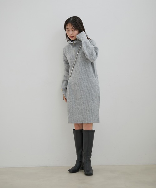 VIS（ビス）の「【洗える・静電気防止】ハーフジップ膝丈畦編みニット