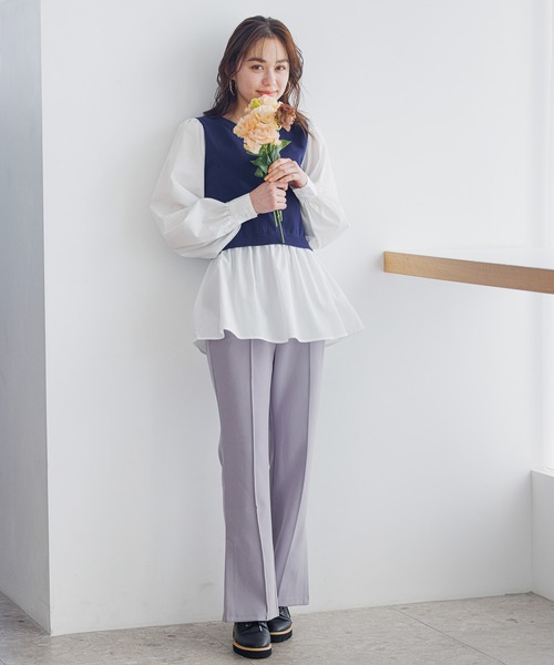 mysty woman（ミスティウーマン）の「【WEB＆一部店舗限定】ベストドッキングチュニック  193988（Tシャツ/カットソー・レディース・ネイビー/ライトグリーン/ライトベージュ・FREE）」の9枚目の写真