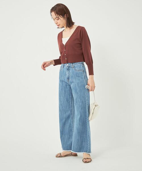 green label relaxing(グリーンレーベルリラクシング)の「コットン アセテート ショート カーディガン -ウォッシャブル-(カーディガン/ボレロ・レディース・ブラウン/オフホワイト/イエロー・FREE)」の5枚目の写真
