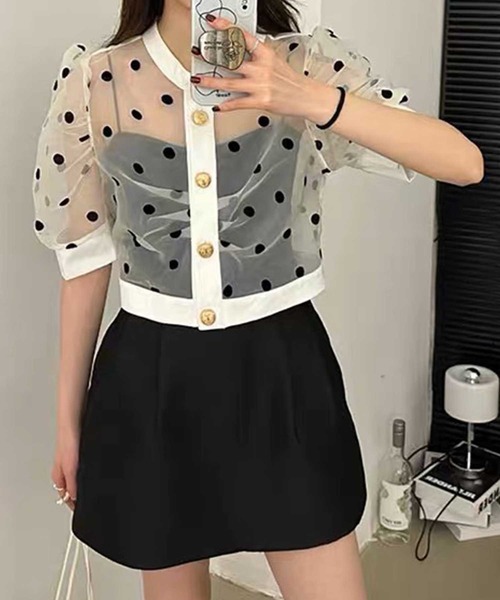 SPIGA（スピーガ）の「金釦ﾄﾞｯﾄｼｱｰ半袖ﾌﾞﾗｳｽ（シャツ/ブラウス・レディース・ブラック/ベージュ・FREE）」の7枚目の写真