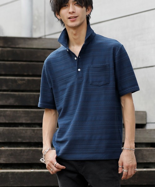 A.S.M（エーエスエム）の「ジャカードボーダー / ホリゾンタルカラー ポロシャツ（半袖）（ポロシャツ・メンズ・ブラック/ホワイト/ネイビー・48/50）」の3枚目の写真