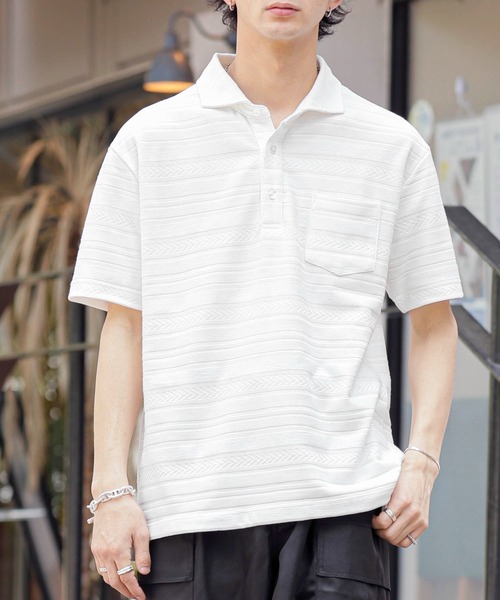 A.S.M（エーエスエム）の「ジャカードボーダー / ホリゾンタルカラー ポロシャツ（半袖）（ポロシャツ・メンズ・ブラック/ホワイト/ネイビー・48/50）」の2枚目の写真