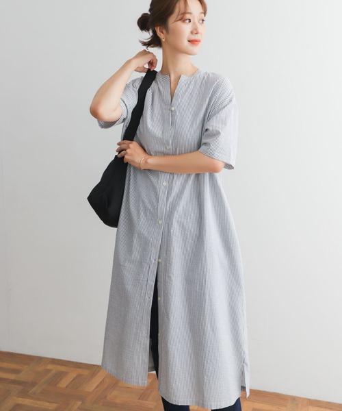 URBAN RESEARCH DOORS（アーバンリサーチドアーズ）の「ストライプ5分袖シャツワンピース（ワンピース・レディース・ベージュ系その他/ブルー系その他/ブラック系その他・MEDIUM）」の2枚目の写真