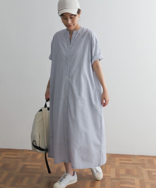 URBAN RESEARCH DOORS（アーバンリサーチドアーズ）の「ストライプ5分袖シャツワンピース（ワンピース・レディース・ベージュ系その他/ブルー系その他/ブラック系その他・MEDIUM）」の3枚目の写真