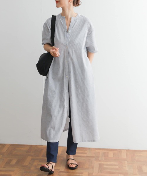 URBAN RESEARCH DOORS（アーバンリサーチドアーズ）の「ストライプ5分袖シャツワンピース（ワンピース・レディース・ベージュ系その他/ブルー系その他/ブラック系その他・MEDIUM）」の4枚目の写真