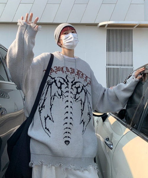 MGV(エムジーヴィー)の「ストリートデザインダメージニット(ニット/セーター・メンズ・ブラック/グレー・LARGE/X-LARGE/MEDIUM)」の5枚目の写真