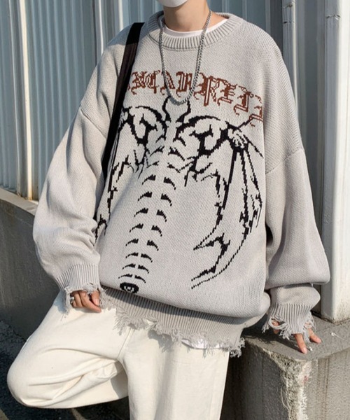 MGV(エムジーヴィー)の「ストリートデザインダメージニット(ニット/セーター・メンズ・ブラック/グレー・LARGE/X-LARGE/MEDIUM)」の9枚目の写真