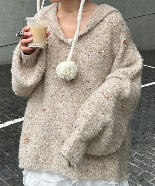 Alley by w closet（アリーバイダブルクローゼット）の「【Alley】リボン付ブークレビッグカラープルオーバー（ニット/セーター・レディース・ベージュ/ピンク・FREE）」の6枚目の写真