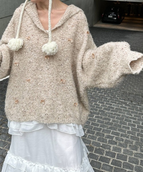 Alley by w closet（アリーバイダブルクローゼット）の「【Alley】リボン付ブークレビッグカラープルオーバー（ニット/セーター・レディース・ベージュ/ピンク・FREE）」の9枚目の写真