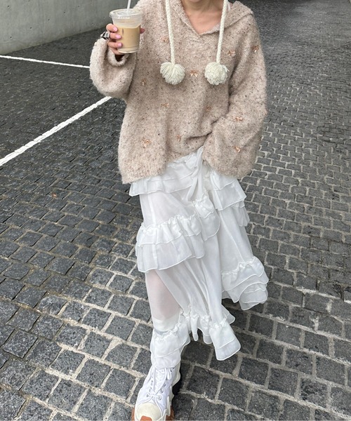 Alley by w closet（アリーバイダブルクローゼット）の「【Alley】リボン付ブークレビッグカラープルオーバー（ニット/セーター・レディース・ベージュ/ピンク・FREE）」の10枚目の写真