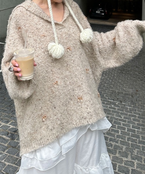 Alley by w closet（アリーバイダブルクローゼット）の「【Alley】リボン付ブークレビッグカラープルオーバー（ニット/セーター・レディース・ベージュ/ピンク・FREE）」の11枚目の写真