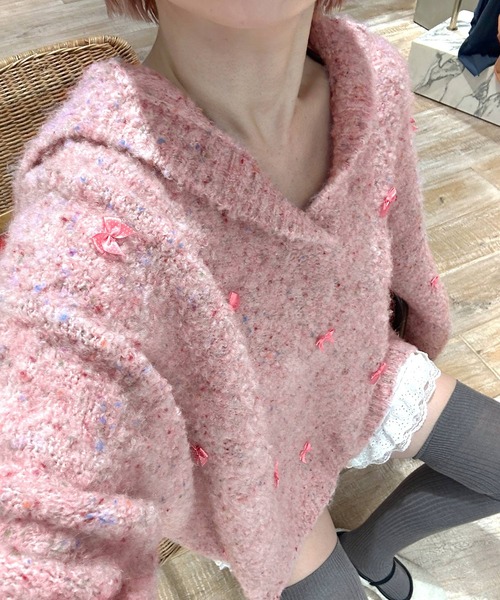 Alley by w closet（アリーバイダブルクローゼット）の「【Alley】リボン付ブークレビッグカラープルオーバー（ニット/セーター・レディース・ベージュ/ピンク・FREE）」の16枚目の写真