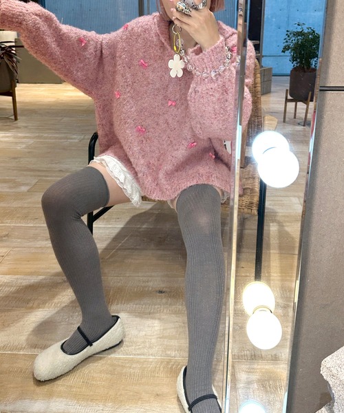 Alley by w closet（アリーバイダブルクローゼット）の「【Alley】リボン付ブークレビッグカラープルオーバー（ニット/セーター・レディース・ベージュ/ピンク・FREE）」の18枚目の写真