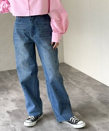 ハート刺繍デニムハイウエストパンツ