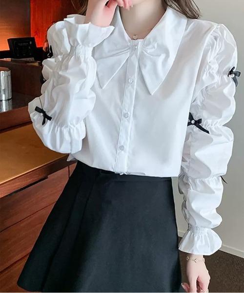 Chick（チック）の「Gather Sleeve Ribbon Blouse / ギャザースリーブリボンブラウス（シャツ/ブラウス・レディース・ホワイト・S/M/L）」の3枚目の写真