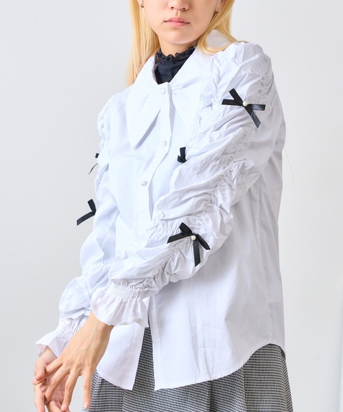 Chick（チック）の「Gather Sleeve Ribbon Blouse / ギャザースリーブリボンブラウス（シャツ/ブラウス・レディース・ホワイト・S/M/L）」の11枚目の写真