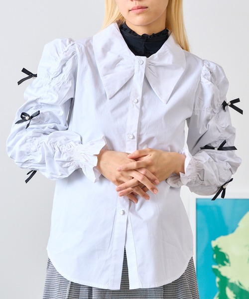 Chick（チック）の「Gather Sleeve Ribbon Blouse / ギャザースリーブリボンブラウス（シャツ/ブラウス・レディース・ホワイト・S/M/L）」の12枚目の写真