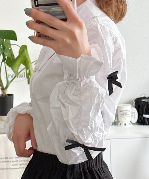 Chick（チック）の「Gather Sleeve Ribbon Blouse / ギャザースリーブリボンブラウス（シャツ/ブラウス・レディース・ホワイト・S/M/L）」の16枚目の写真
