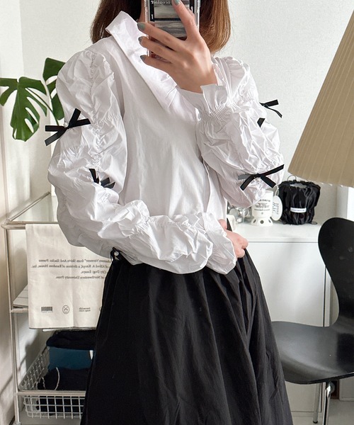 Chick（チック）の「Gather Sleeve Ribbon Blouse / ギャザースリーブリボンブラウス（シャツ/ブラウス・レディース・ホワイト・S/M/L）」の15枚目の写真