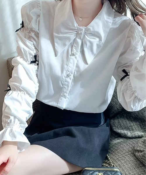 Chick（チック）の「Gather Sleeve Ribbon Blouse / ギャザースリーブリボンブラウス（シャツ/ブラウス・レディース・ホワイト・S/M/L）」の21枚目の写真