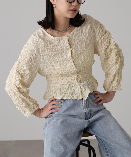 FREE'S MART（フリーズマート）の「前後2WAYぽこぽこブラウスカーディガン（カーディガン/ボレロ・レディース・ライトグリーン/ホワイト/ブラック・FREE）」の2枚目の写真