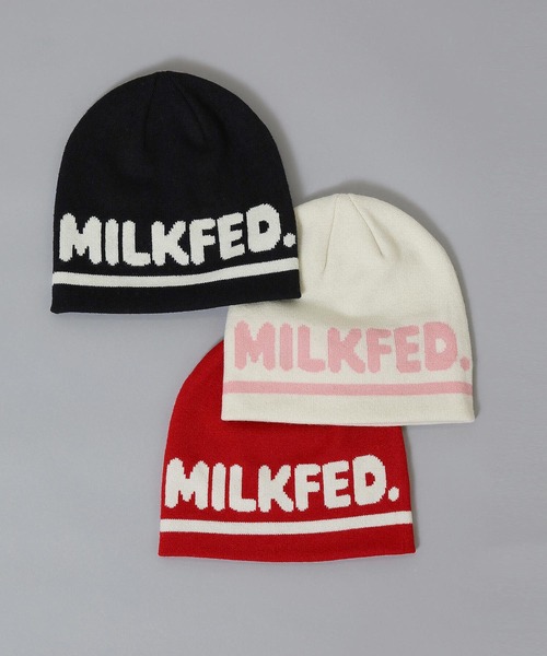 MILKFED.（ミルクフェド）の「LOGO JACQUARD KNIT CAP（ニットキャップ/ビーニー・レディース・ブラック/オフホワイト/レッド・ONE SIZE）」の4枚目の写真