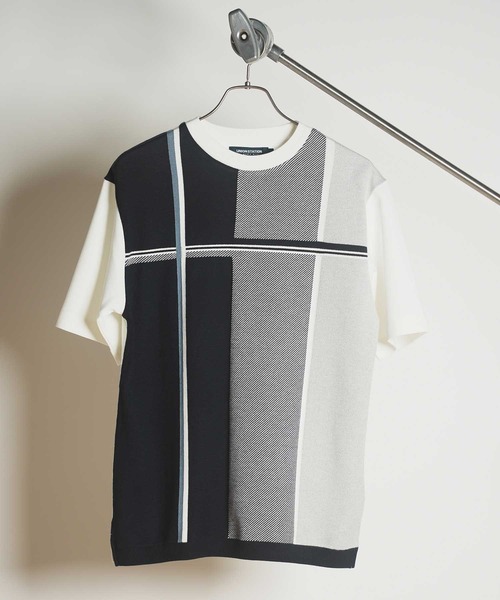 UNION STATION(ユニオンステーション)の「ニット×ポンチ切り替えTシャツ(Tシャツ/カットソー・メンズ・ブラック系その他/ホワイト系その他/ベージュ系その他・L/M/LL)」の2枚目の写真