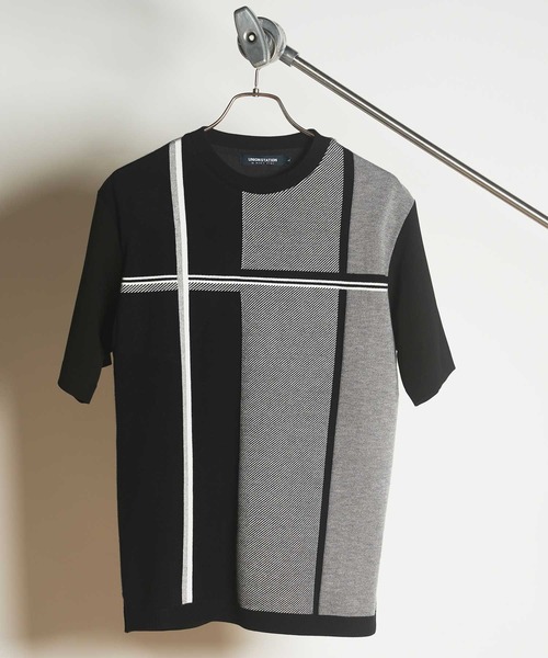 UNION STATION(ユニオンステーション)の「ニット×ポンチ切り替えTシャツ(Tシャツ/カットソー・メンズ・ブラック系その他/ホワイト系その他/ベージュ系その他・L/M/LL)」の3枚目の写真