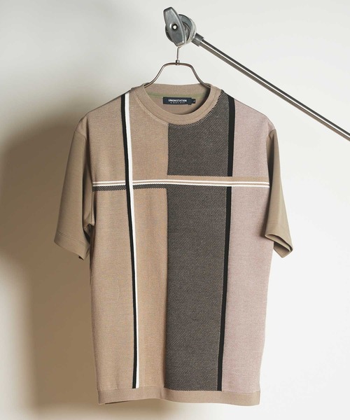 UNION STATION(ユニオンステーション)の「ニット×ポンチ切り替えTシャツ(Tシャツ/カットソー・メンズ・ブラック系その他/ホワイト系その他/ベージュ系その他・L/M/LL)」の1枚目の写真