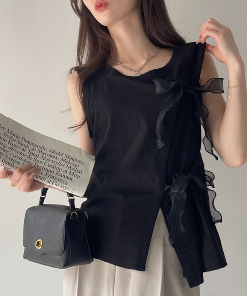 Eclat one(エクラワン)の「【Eclat one】オーガンジー リボン デザイン カットソー(Tシャツ/カットソー・レディース・グレイッシュベージュ/オフホワイト/ブラック・FREE)」の4枚目の写真
