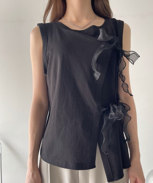 Eclat one(エクラワン)の「【Eclat one】オーガンジー リボン デザイン カットソー(Tシャツ/カットソー・レディース・グレイッシュベージュ/オフホワイト/ブラック・FREE)」の12枚目の写真