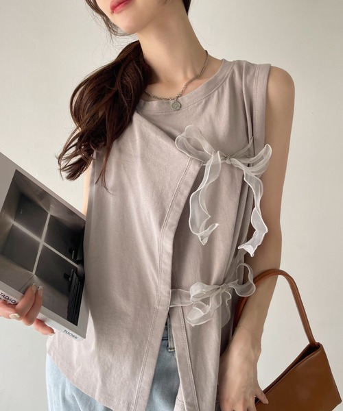 Eclat one(エクラワン)の「【Eclat one】オーガンジー リボン デザイン カットソー(Tシャツ/カットソー・レディース・グレイッシュベージュ/オフホワイト/ブラック・FREE)」の21枚目の写真
