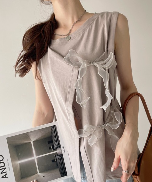 Eclat one(エクラワン)の「【Eclat one】オーガンジー リボン デザイン カットソー(Tシャツ/カットソー・レディース・グレイッシュベージュ/オフホワイト/ブラック・FREE)」の20枚目の写真