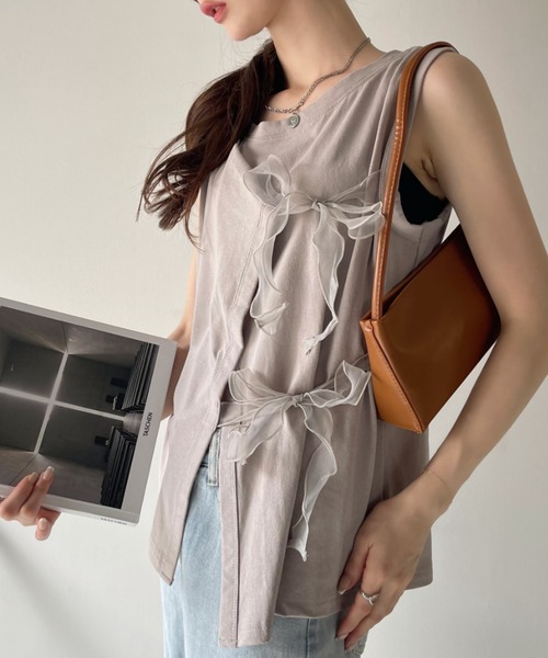 Eclat one(エクラワン)の「【Eclat one】オーガンジー リボン デザイン カットソー(Tシャツ/カットソー・レディース・グレイッシュベージュ/オフホワイト/ブラック・FREE)」の19枚目の写真