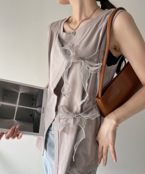 Eclat one(エクラワン)の「【Eclat one】オーガンジー リボン デザイン カットソー(Tシャツ/カットソー・レディース・グレイッシュベージュ/オフホワイト/ブラック・FREE)」の18枚目の写真