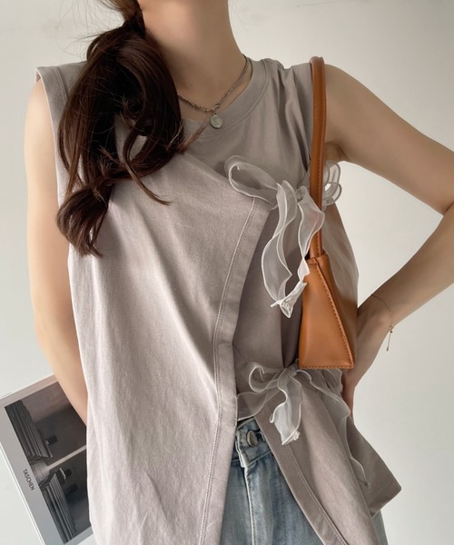 Eclat one(エクラワン)の「【Eclat one】オーガンジー リボン デザイン カットソー(Tシャツ/カットソー・レディース・グレイッシュベージュ/オフホワイト/ブラック・FREE)」の16枚目の写真