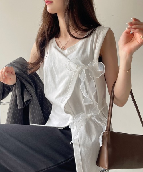 Eclat one(エクラワン)の「【Eclat one】オーガンジー リボン デザイン カットソー(Tシャツ/カットソー・レディース・グレイッシュベージュ/オフホワイト/ブラック・FREE)」の10枚目の写真