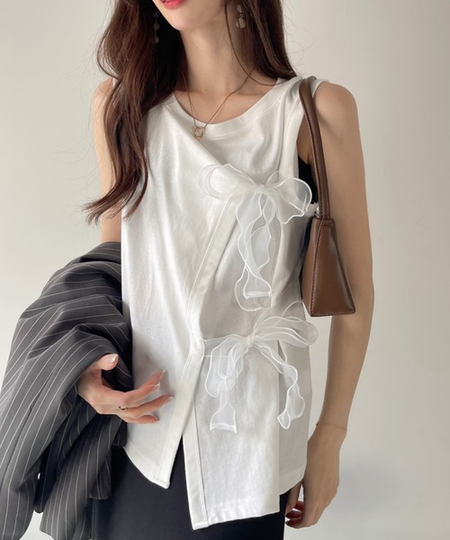 Eclat one(エクラワン)の「【Eclat one】オーガンジー リボン デザイン カットソー(Tシャツ/カットソー・レディース・グレイッシュベージュ/オフホワイト/ブラック・FREE)」の9枚目の写真
