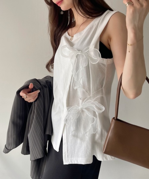 Eclat one(エクラワン)の「【Eclat one】オーガンジー リボン デザイン カットソー(Tシャツ/カットソー・レディース・グレイッシュベージュ/オフホワイト/ブラック・FREE)」の7枚目の写真