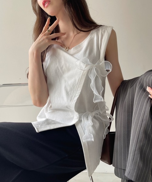 Eclat one(エクラワン)の「【Eclat one】オーガンジー リボン デザイン カットソー(Tシャツ/カットソー・レディース・グレイッシュベージュ/オフホワイト/ブラック・FREE)」の5枚目の写真