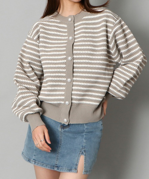 GORGE(ゴージ)の「《パールボタン×ボリューム袖》レディース カノコ編み ボーダーカーディガン ショート丈 春秋冬(カーディガン/ボレロ・レディース・グレイッシュベージュ/ブラック/ネイビー・F)」の10枚目の写真