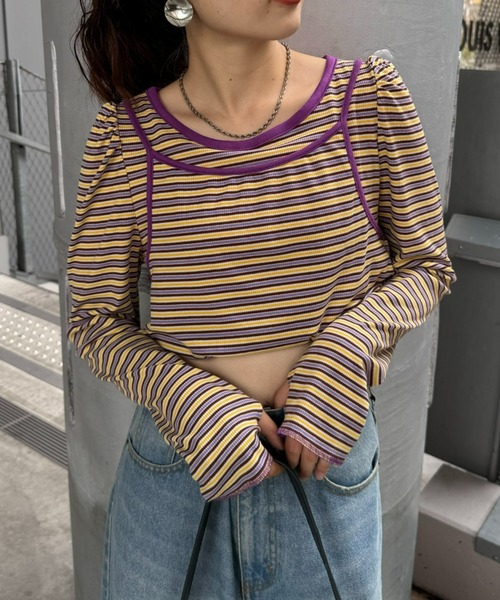 HELLO.SANFRANCISCO(ハローサンフランシスコ)の「【HELLO.SANFRANCISCO】2WAYマルチボーダーTEE(Tシャツ/カットソー・レディース・オレンジ/パープル/グリーン・ONE SIZE)」の1枚目の写真