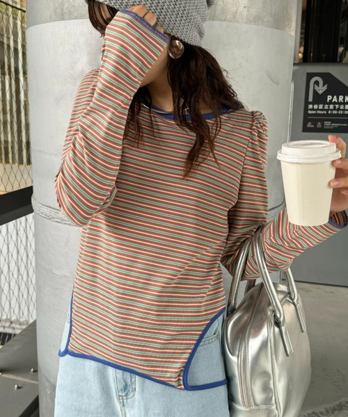 HELLO.SANFRANCISCO(ハローサンフランシスコ)の「【HELLO.SANFRANCISCO】2WAYマルチボーダーTEE(Tシャツ/カットソー・レディース・オレンジ/パープル/グリーン・ONE SIZE)」の3枚目の写真