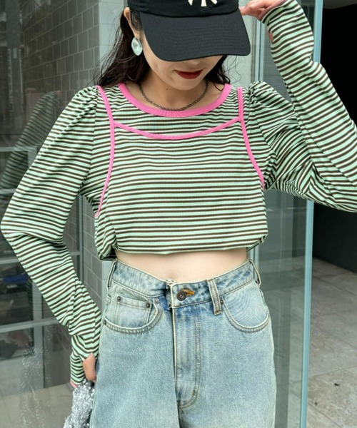 HELLO.SANFRANCISCO(ハローサンフランシスコ)の「【HELLO.SANFRANCISCO】2WAYマルチボーダーTEE(Tシャツ/カットソー・レディース・オレンジ/パープル/グリーン・ONE SIZE)」の2枚目の写真