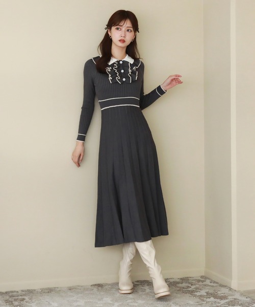 Cheek（チーク）の「ポロニットフリルワンピース（ワンピース・レディース・チャコールグレー/グリーン/ブラウン・MEDIUM）」の2枚目の写真