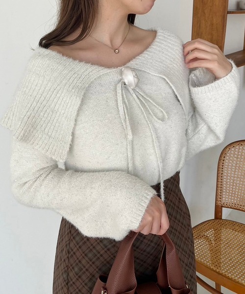 one after another NICE CLAUP(ワンアフターアナザーナイスクラップ)の「コサージュセット/スパンコールセーラーニット(ニット/セーター・レディース・グレー/アイボリー/ブラック/ピンク・FREE)」の5枚目の写真
