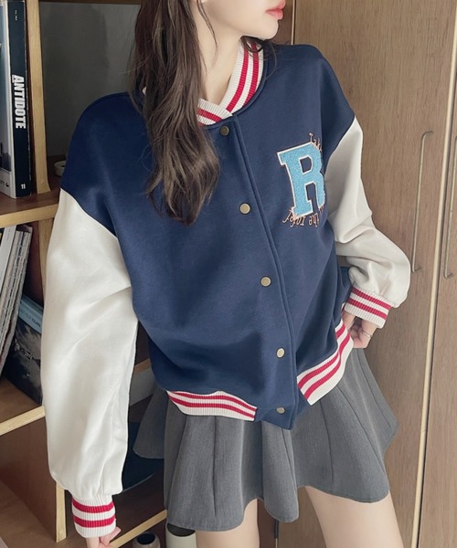 TREOVER（トレオーバー）の「パイルワッペン 刺繍ロゴ 裏起毛スタジャン（スタジャン・レディース・ネイビー/グリーン/サックスブルー/ボルドー・FREE）」の13枚目の写真
