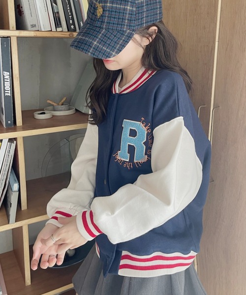 TREOVER（トレオーバー）の「パイルワッペン 刺繍ロゴ 裏起毛スタジャン（スタジャン・レディース・ネイビー/グリーン/サックスブルー/ボルドー・FREE）」の10枚目の写真