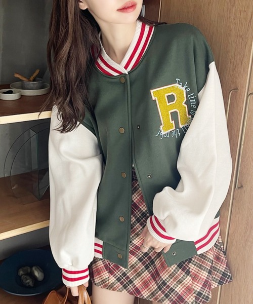 TREOVER（トレオーバー）の「パイルワッペン 刺繍ロゴ 裏起毛スタジャン（スタジャン・レディース・ネイビー/グリーン/サックスブルー/ボルドー・FREE）」の17枚目の写真